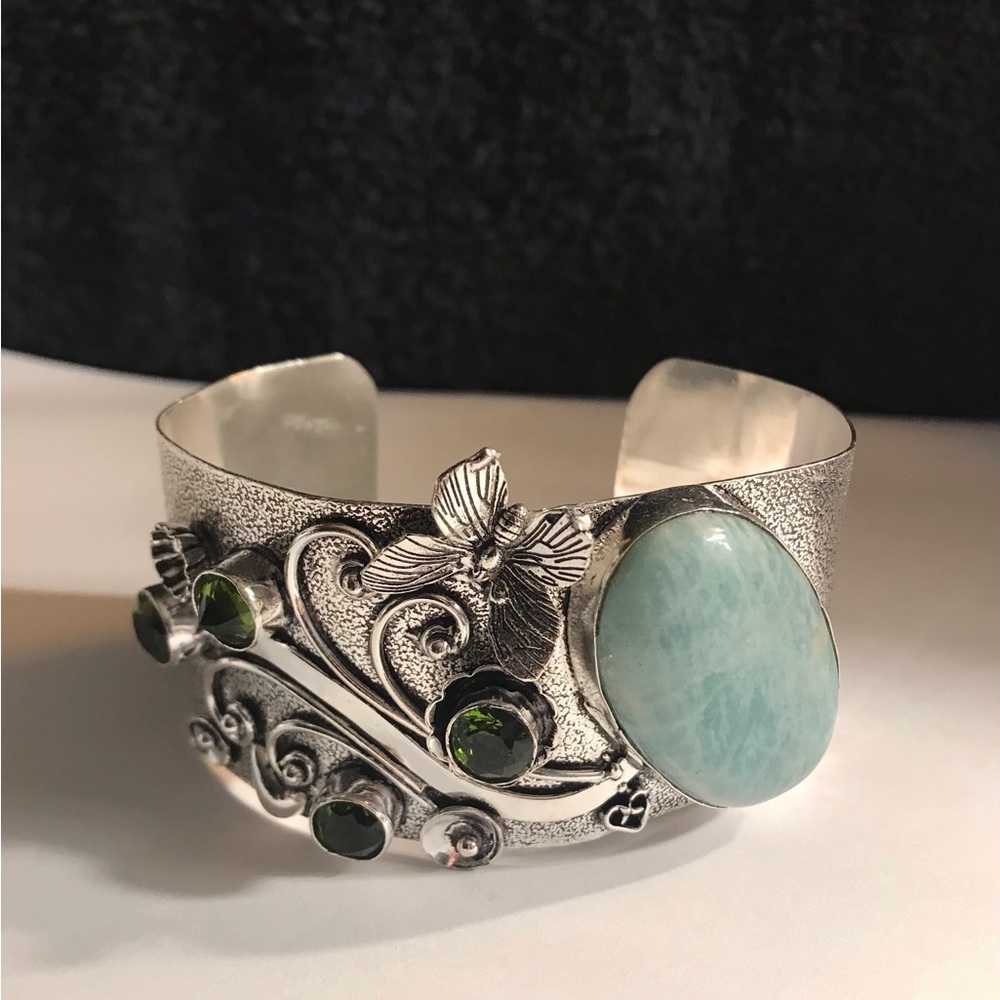 Amazonite Chrome Diopside Stamped 925 Sterling Silver Cuff Bracelet